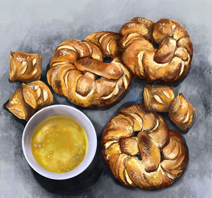 Illustration of freshly baked pastries and a bowl of melted butter, depicting dishes that will probably make you hungry.