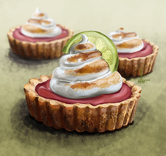Illustration of a dessert tart with whipped cream and lime, part of dishes that will probably make you hungry series.