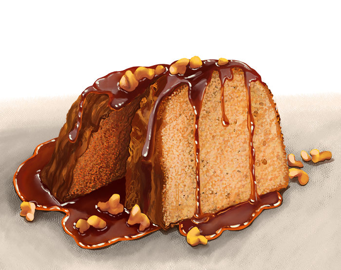 Illustration of a delicious dessert dish with chocolate sauce and nuts, designed to make you hungry.