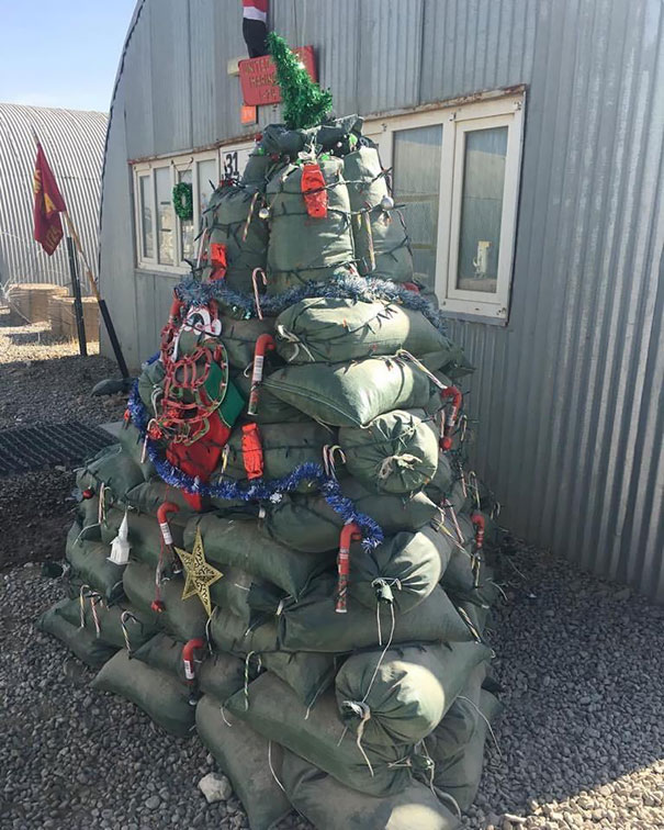 Festive Christmas Tree Out Of Sandbags