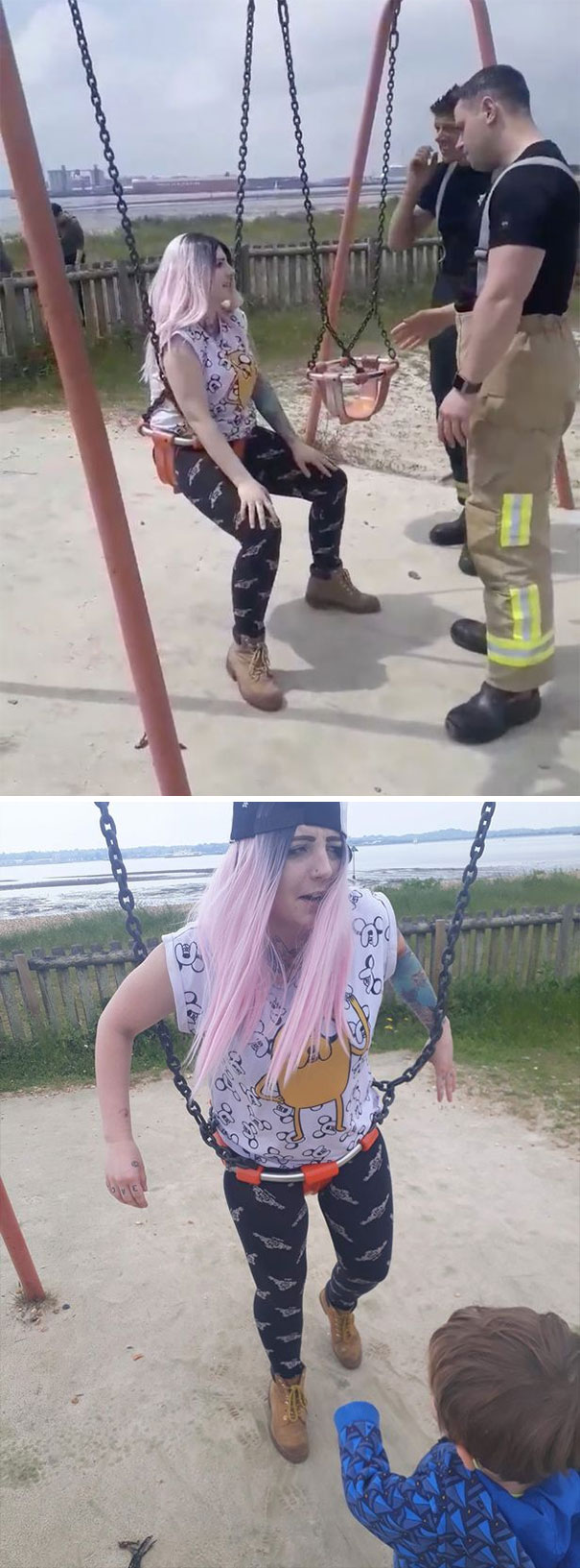 Over-Enthusiastic Mom Got Stuck In A Child's Swing