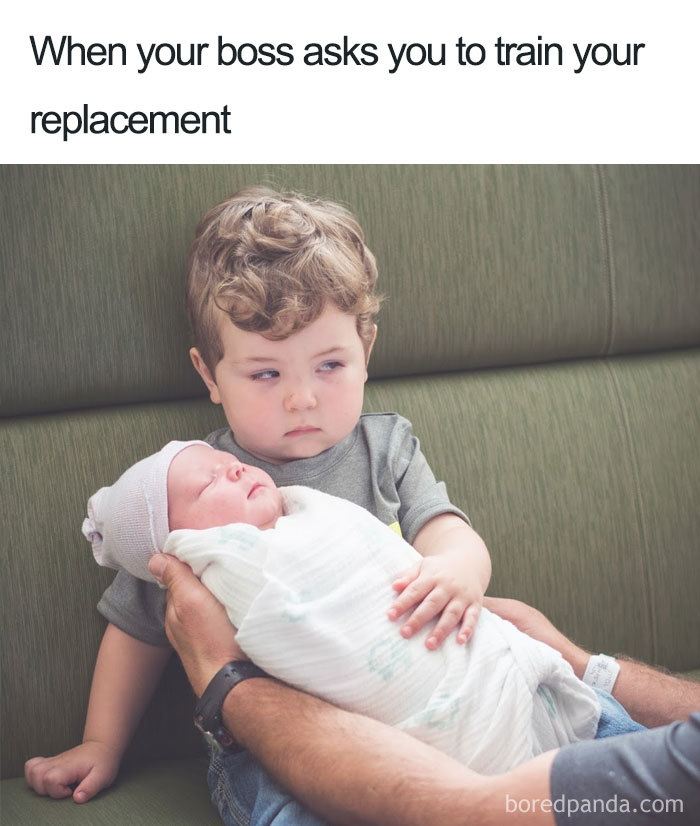 Meme about training new worker with kid holding crying infant 
