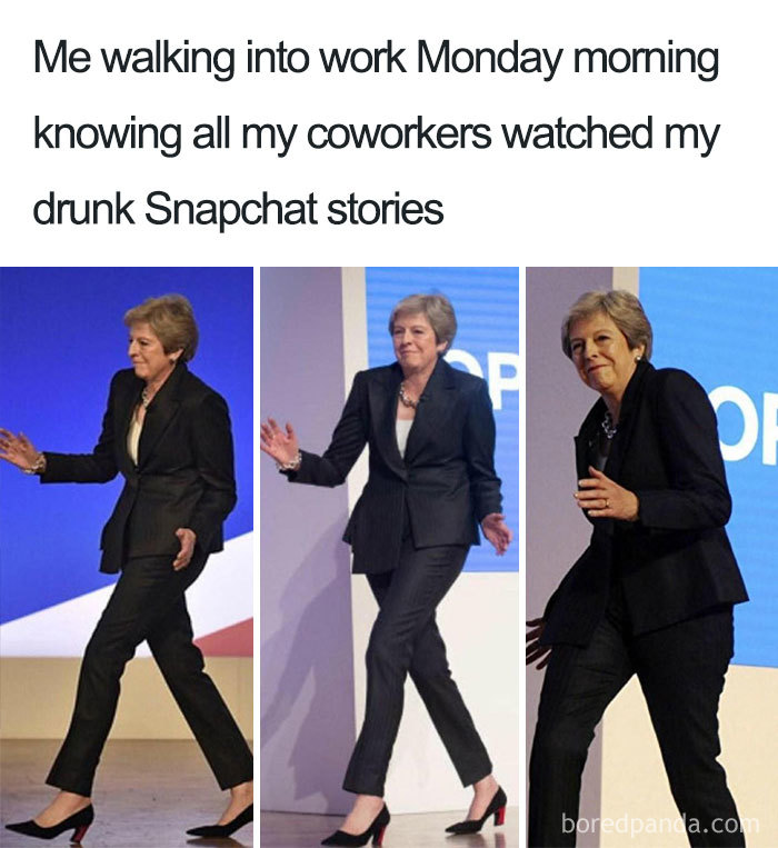 Meme about awkward Monday morning at work 