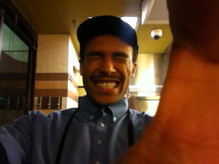 Last Night At Waffle House My Friends And I Asked Our Waiter To Take A Picture Of Us With My iPhone. He Made Us Do A Bunch Of Different Poses And Then Walked Away Laughing. Every Picture He Took Was Like This