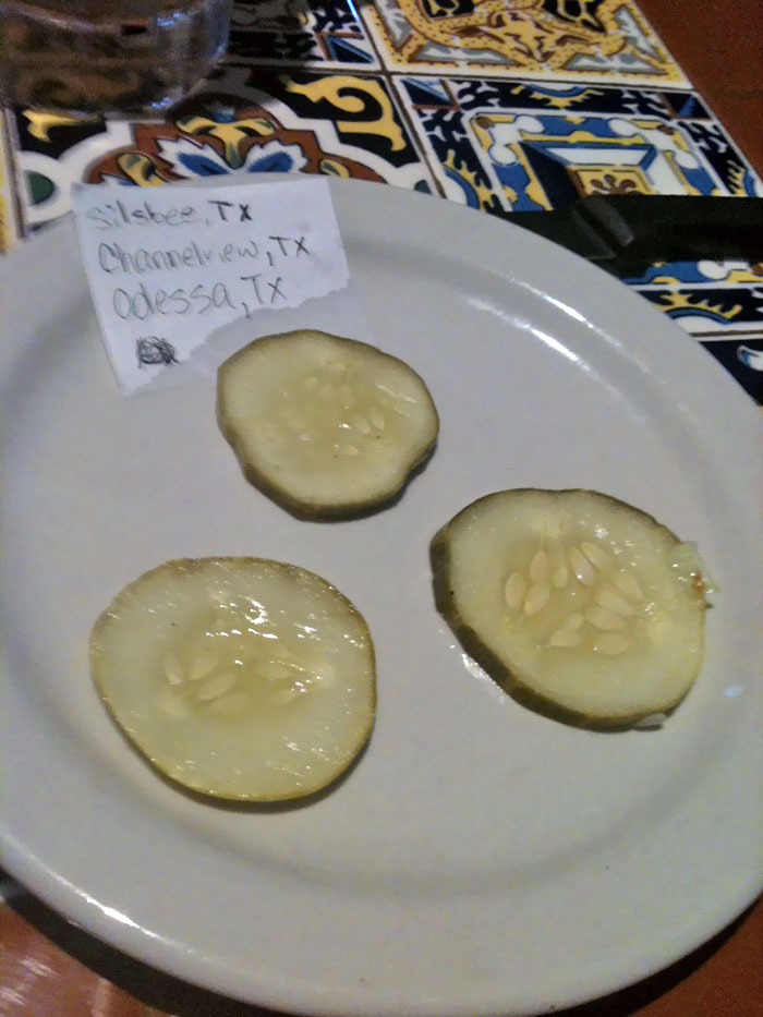 I Ordered A Burger And Told My Waiter That For Every Pickle I Receive, I Will Destroy A City. He Returned With This And Said "My Least Favorite Places"