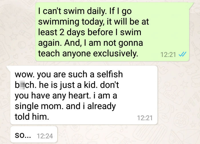 "I Teach Swimming To Kids For Free. Mom Demands That I Teach Her Son Exclusively And Give Her The Money"