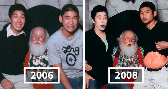 Two Guys Take Pics With The Same Santa For 12 Years And People Notice They’re Not Aging Properly