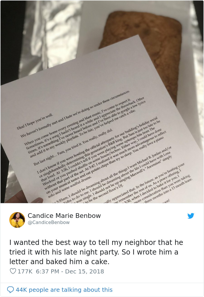 Woman Tired Of Her Loud Neighbor Writes A Hilarious Letter To Him And Leaves Him A Cake At 4 AM