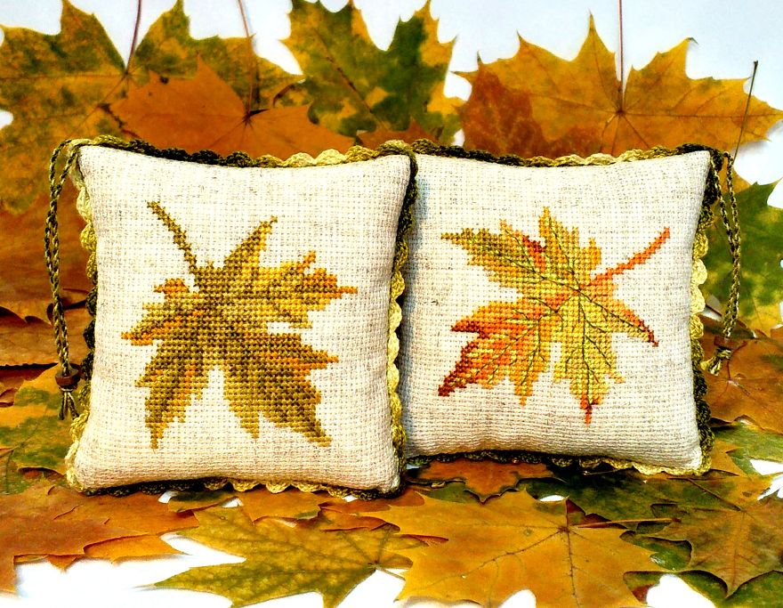 Linen Decorative Mini Pillows. Handmade Embroidered Pincushions Autumn Leaf.