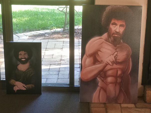 My Sister And I Painted Each Other Bob Ross For Christmas, Turns Out We Have A Similar Sense Of Humor...