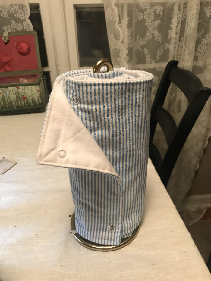 Got My First Sewing Machine For Christmas, Made “Unpaper” Towels To Reduce Our Paper Towel Waste. They Clasp Together So It's Easy To Know Which Are Clean