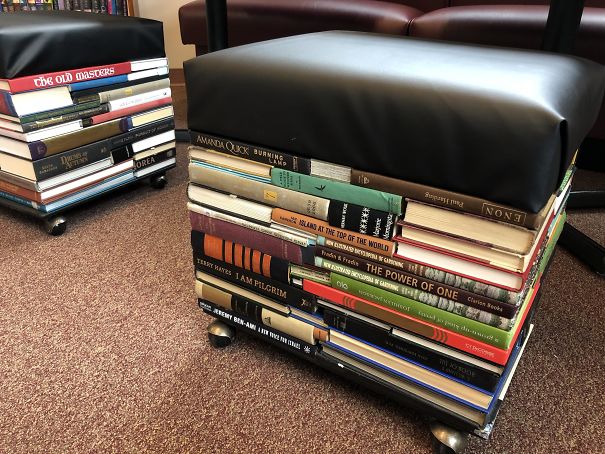Had A Volunteer Help Me Make These Stools Out Of Our Discarded Books For New Library Seating