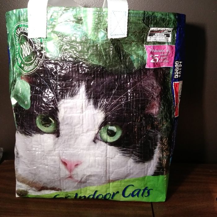 Cat Food Bag + Leftover Bag Handles From A Workshop = Reusable Grocery Bag With A Giant Cat Face On It