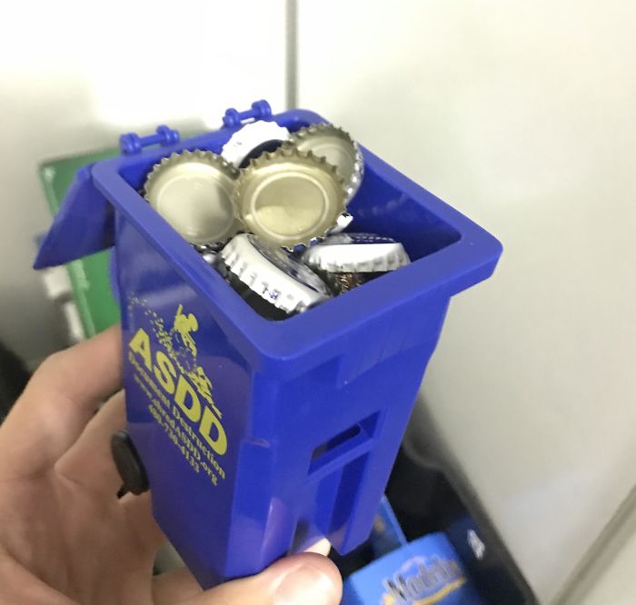 Went To A Party That Had A Big Recycling Can For Bottles, And A Small Recycling Can For Bottle Caps