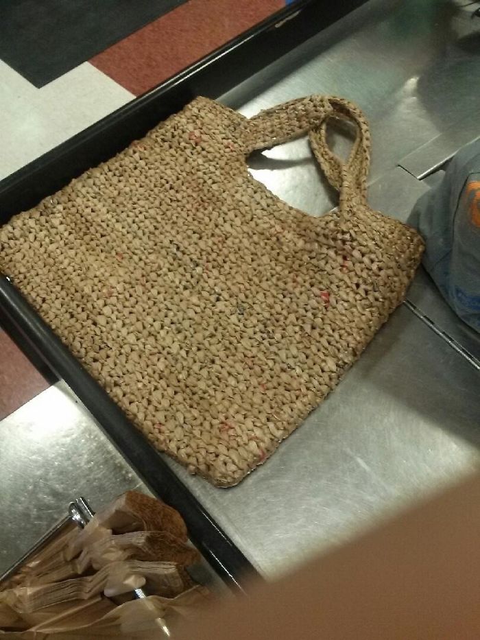 A Customer From Work Made A Reusable Bag From Hundreds Of Plastic Ones