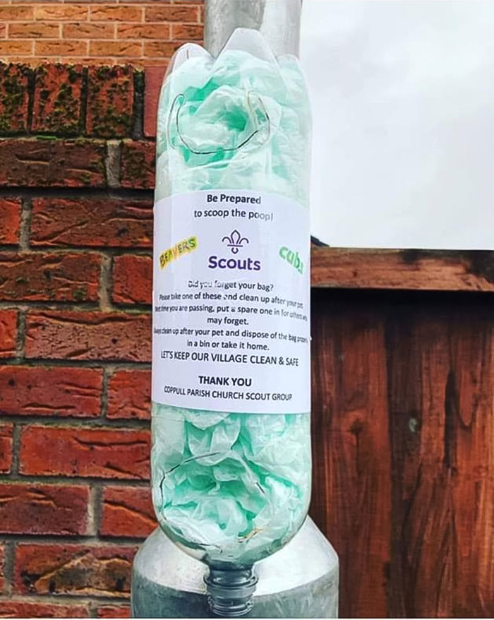 I Love This Idea - A Dog Poop Bag Dispenser Attached To A Lamppost Made From A Plastic Bottle By Local Scouts