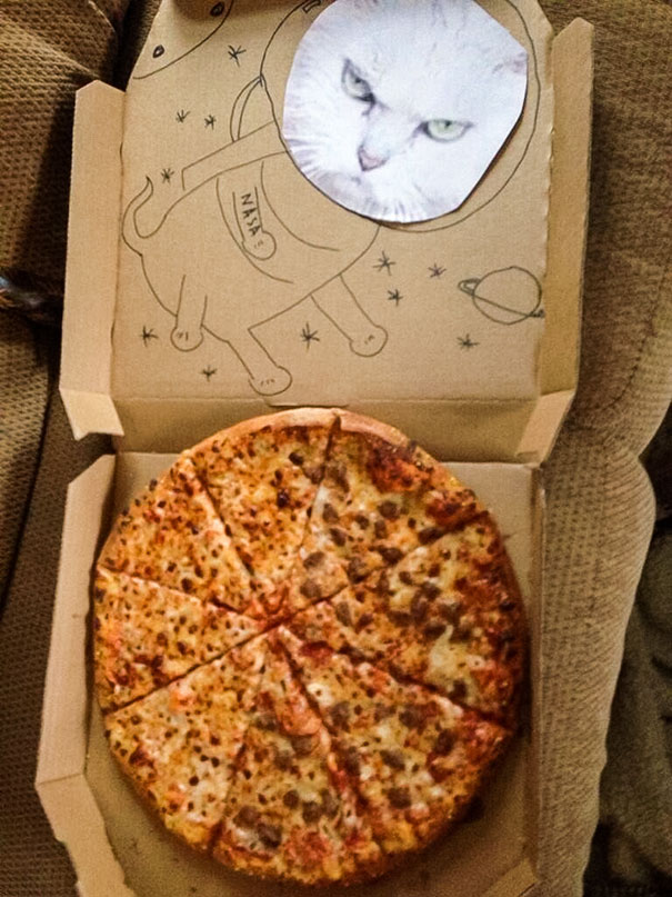 Nolan Asked The Pizza Delivery Guy To Draw A Space Cat On The Pizza Box