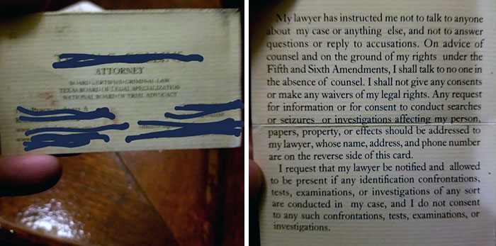 This Attorney's Card Has A Statement Inside That Protects Your Rights And Gets Them Business