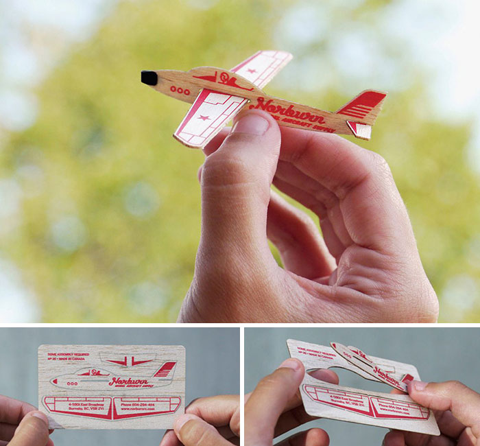 Business Card For Norburn Model Aircraft Supply Company. We Printed And Laser Die Cut Balsa Wood A Small Glider That Is Functional Once Assembled