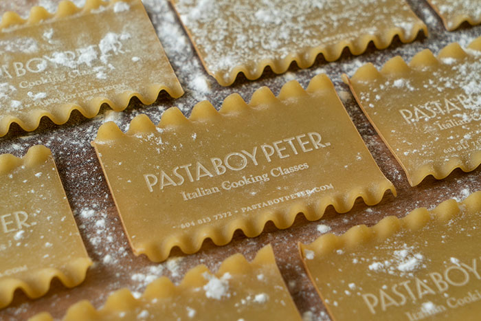 Pasta Boy Peter Teaches Italian Cooking Classes, So His Business Cards Are Made With His Information Laser-Etched Onto Edible Lasagna Noodles