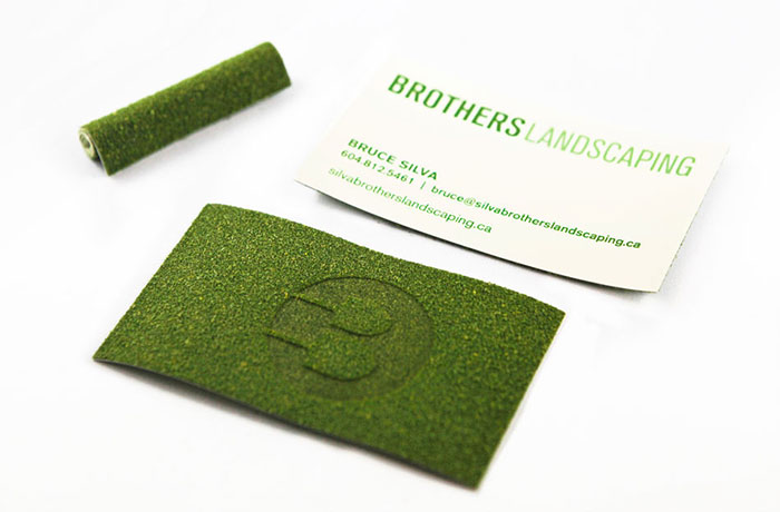 Business Card Design For Brothers Landscaping. Model Turf Paper And Logo Branded Into The Grass Side Of The Card Give It A Trimmed Lawn Look