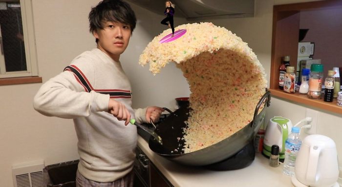 Someone Posts A Photo With A Guy Next To A Giant Rice Wave, People Immediately Start To Photoshop It