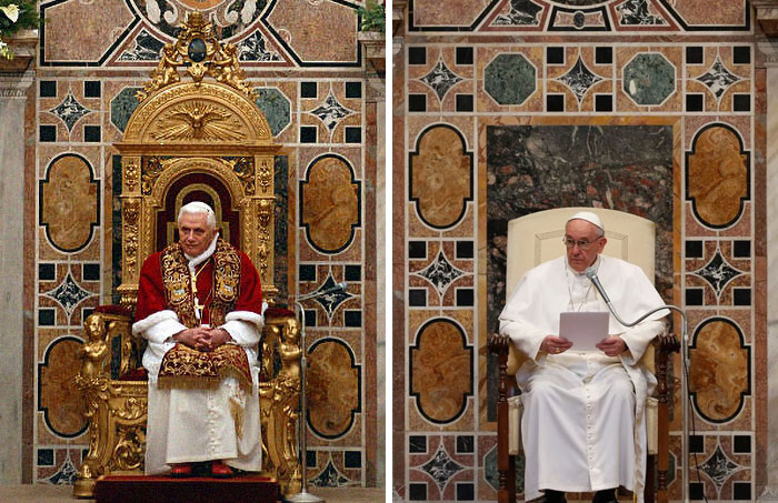 Comparación de los tronos de Benedicto XVI y el Papa Francisco