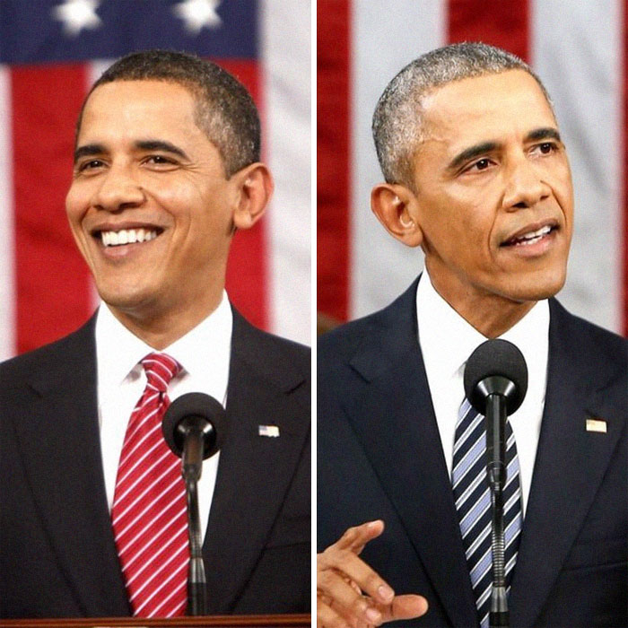 Obama's First State Of The Union Compared To His Last, Without The Skin Smoothing On His First Picture Or A Mid-Blink Picture On His Last To Make Him Look More Tired Older Than He Really Is