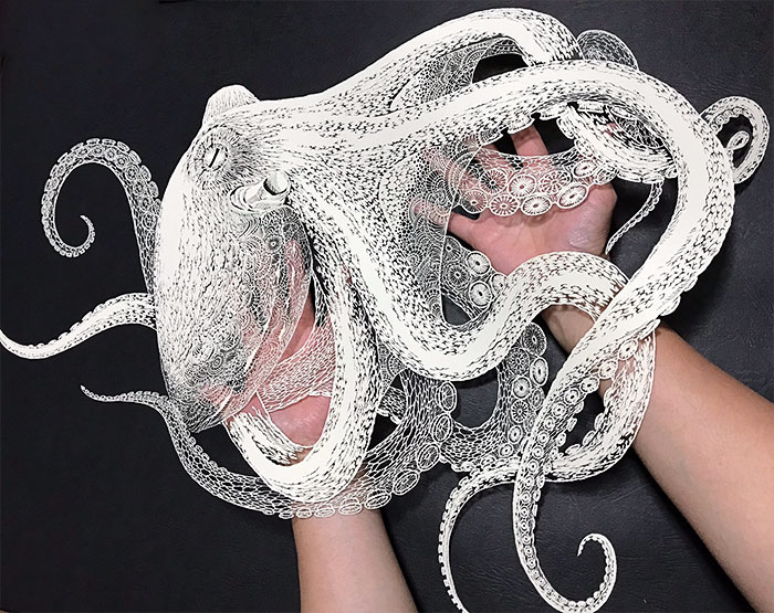 Japanese Artist Hand-Cuts Octopus From A Single Sheet Of Paper, And It’s Even More Impressive From Up Close