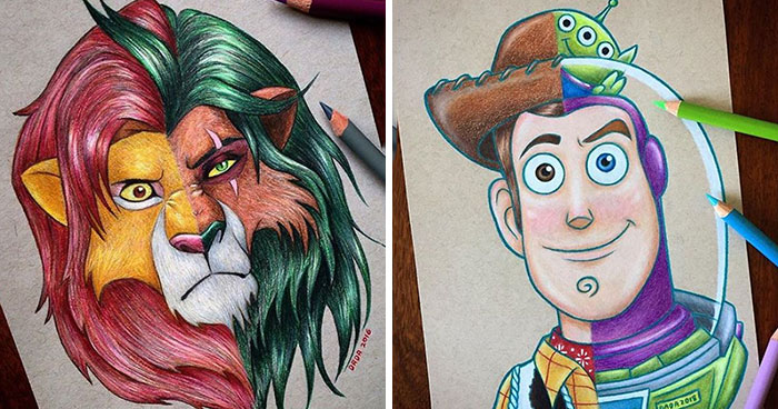 I Combine Two Characters Into One In My Colored Pencil Illustrations (50 Pics)