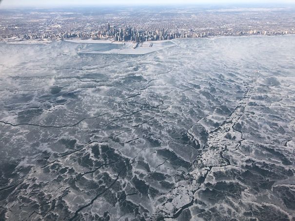 My Brother Was On One Of The Few Flights Into Chicago This Morning. He Took This Photo Of Frozen Lake Michigan From The Plane
