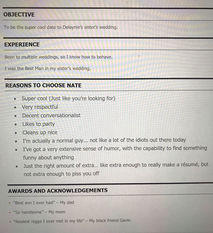 Girl Asks Guy For A Formal Resume To Go To A Wedding With Her As A Joke, He Delivers