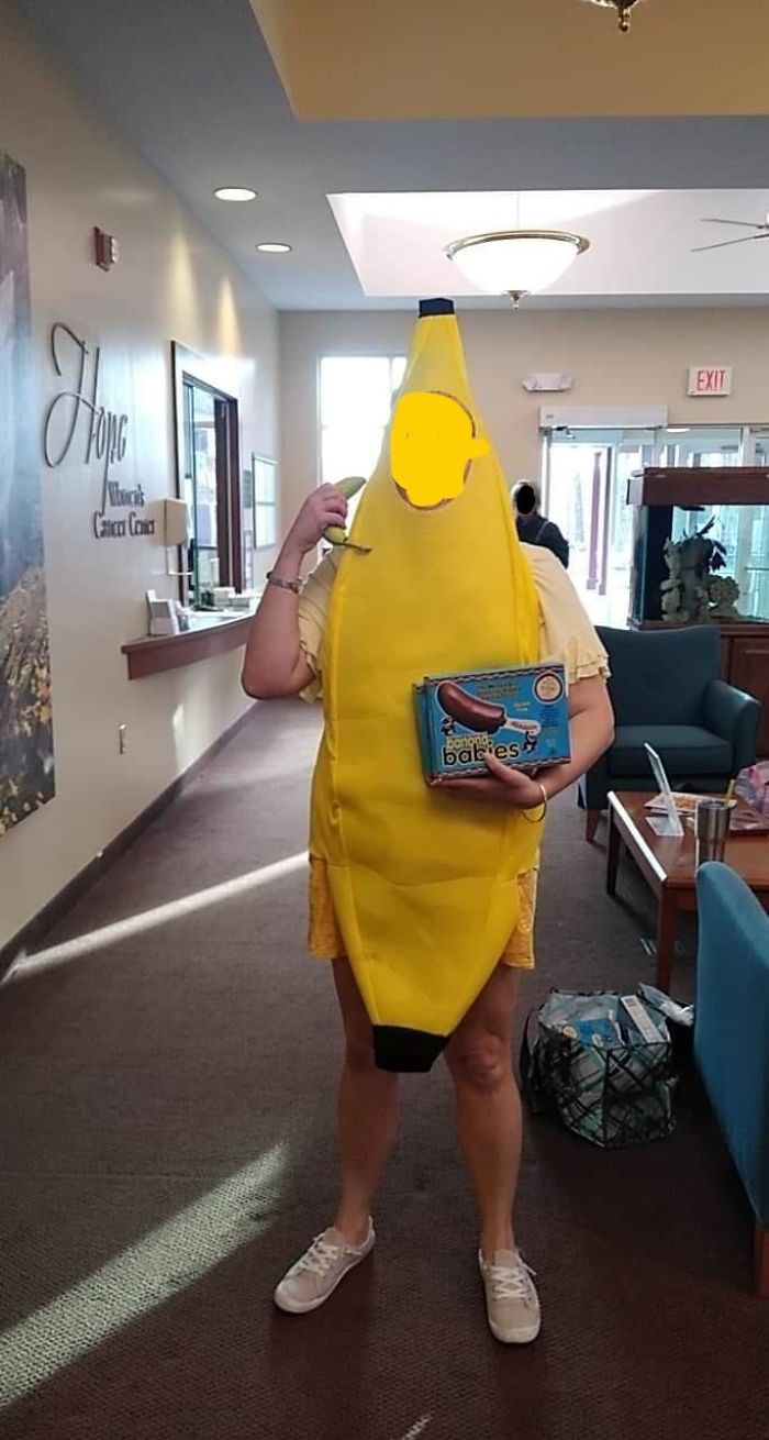 My SO Uses Different Themes For Her Chemo Sessions. This Time, It's Bananas So She's Handing Out Frozen Chocolate-Covered Bananas Saying, "This Whole Thing Is Bananas!"