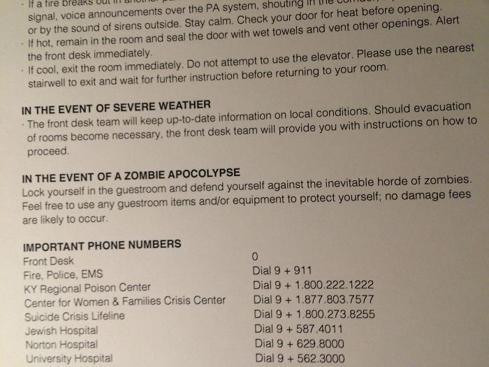 Hotel Has Zombie Apocalypse In Safety Plan