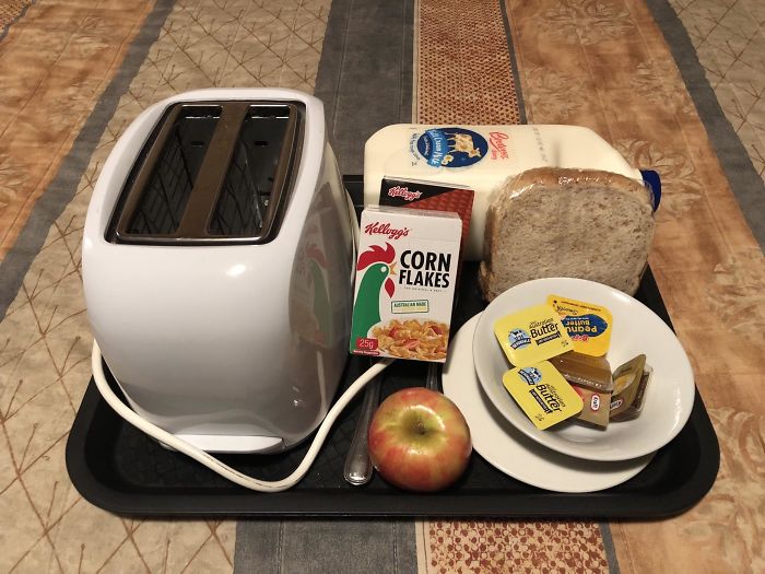 A Motel Served Me This Breakfast Tray For $15 And Contains A Toaster, And A 2l Milk