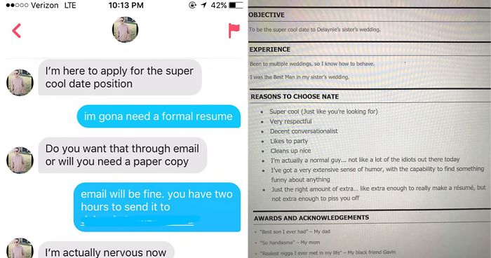 Girl Asks Guy For A Formal Resume To Go To A Wedding With Her As A Joke He Delivers Bored Panda