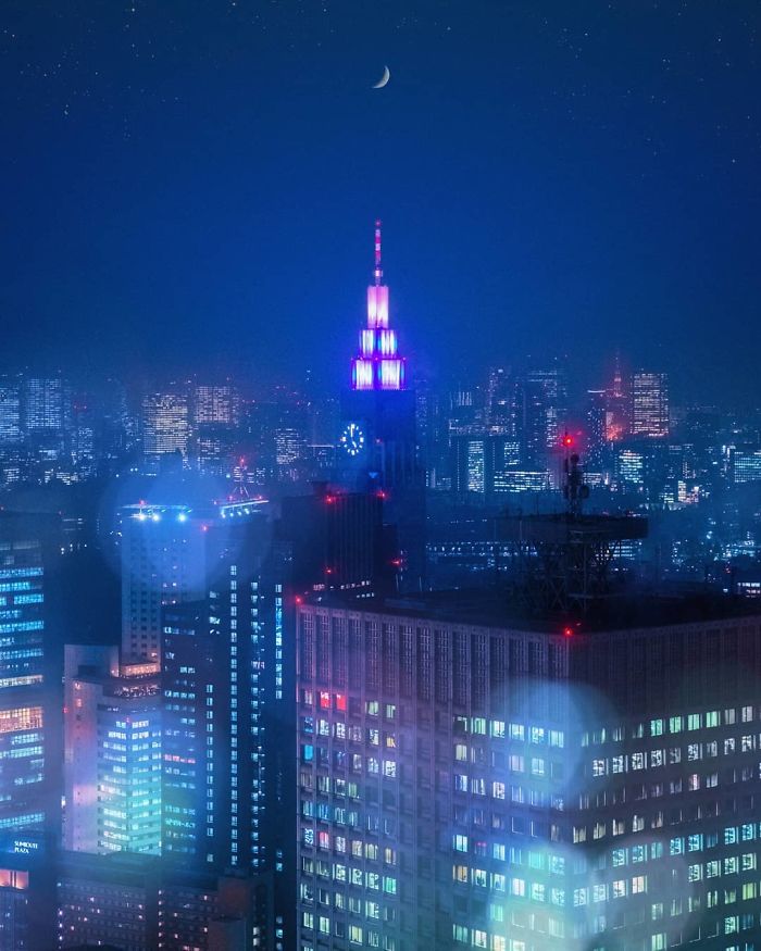 Tokyo cityscape at night with illuminated skyscrapers and a crescent moon in a dream trip photo.