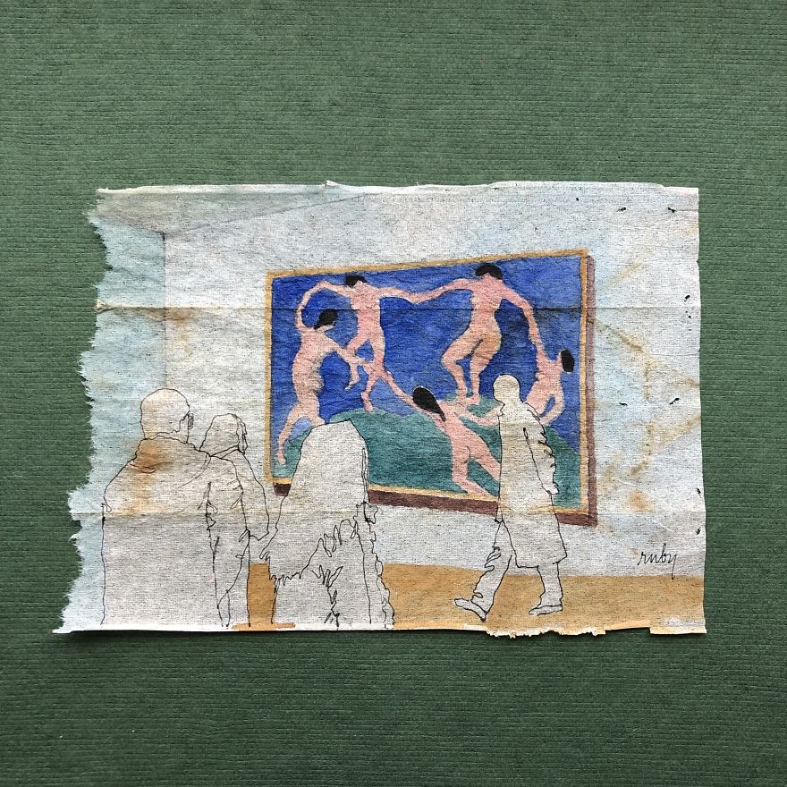 Museum Goers: Miniature Paintings On Used Tea Bags