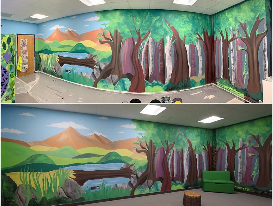 Artist Transforms Dreary School Library Into A Colourful, Inspirational Space!