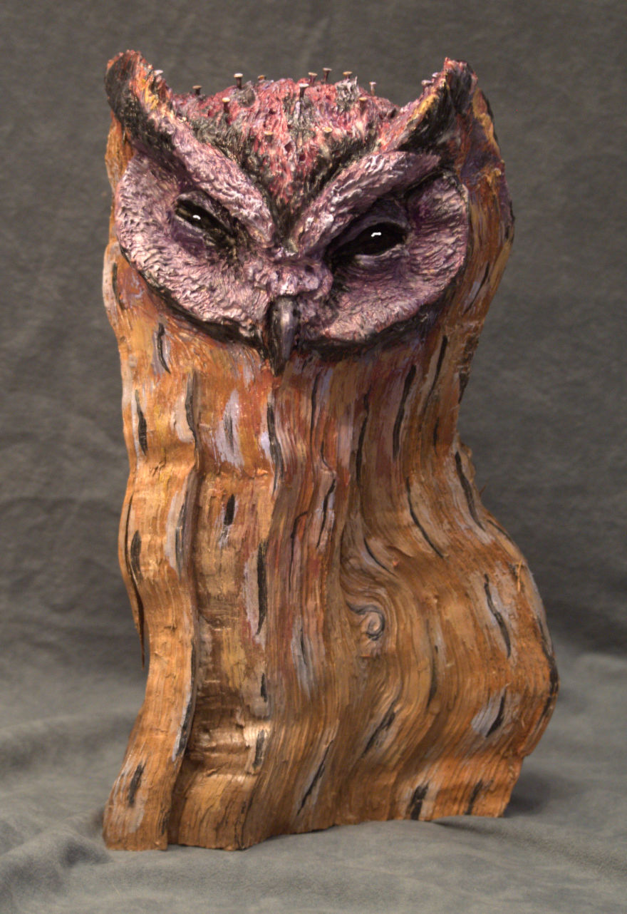 I Use Wood And Clay To Create Realistic Owl Sculptures