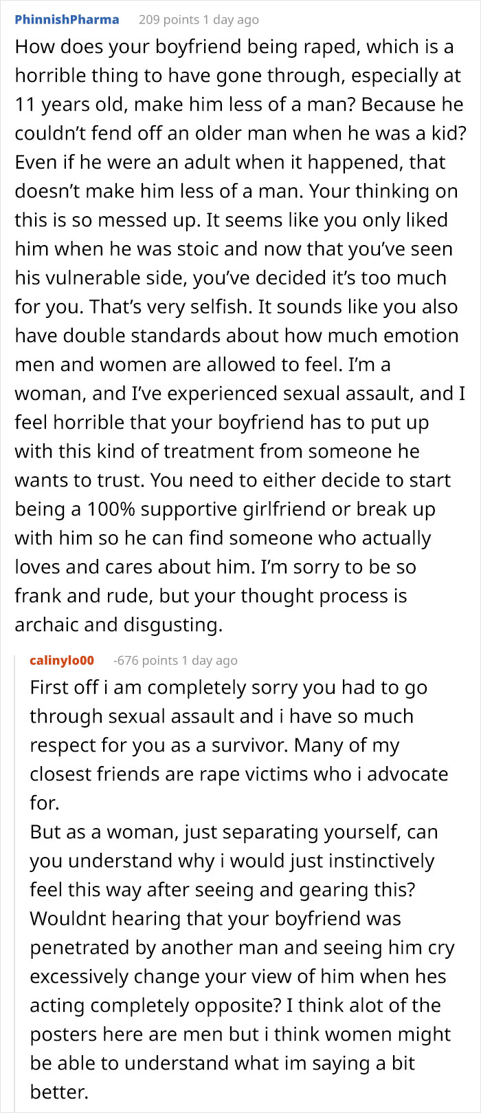 Girlfriend Asks If She's Wrong To Leave Boyfriend After Learning That He Was Raped, Gets Destroyed With Responses