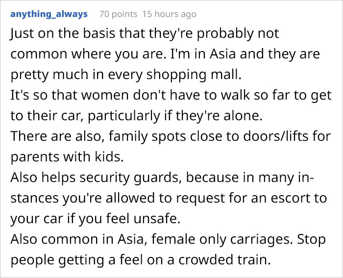 People Are Explaining Why "Female Only" Parking Spaces Exist After This Guy Points Out It's Not Equal
