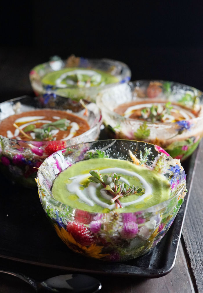 Purslane Gazpacho In Flower Ice Bowls