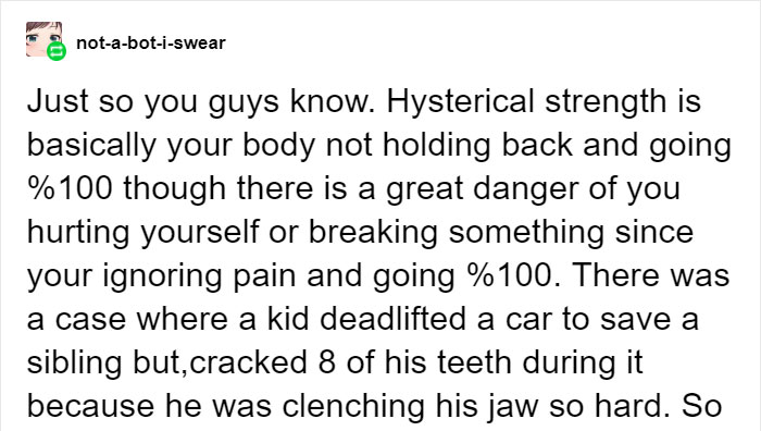 Someone Points Out That Humans Are Capable Of Hysterical Strength And People Share Stories