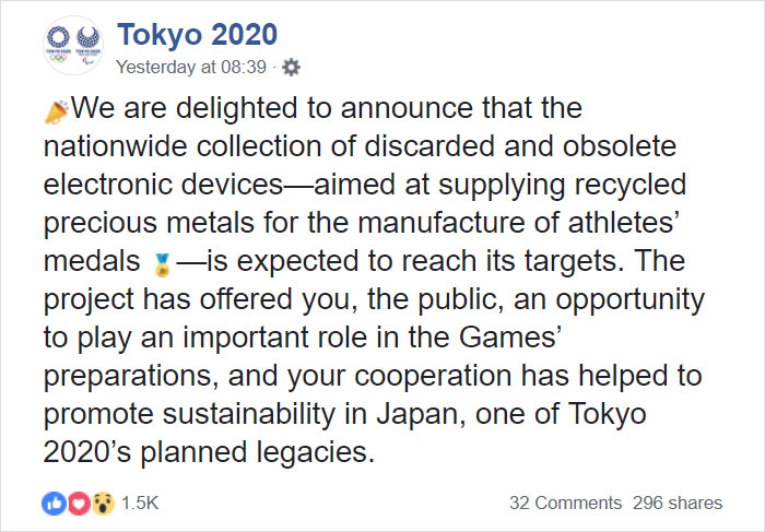 Japan Calls On Its Citizens To Help Collect Old Electronics To Create 100% Recycled Tokyo 2020 Medals