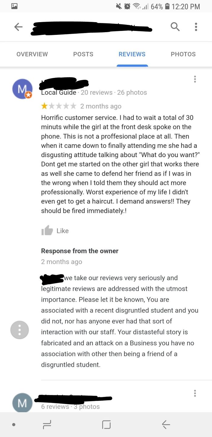 A Local Guide Made A Fake Review On A Barber School That Gives Haircuts Because He Was A Friend Of A Former Student That Dropped Out Of The School.