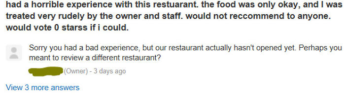 Bad Review On An Unopened Restaurant