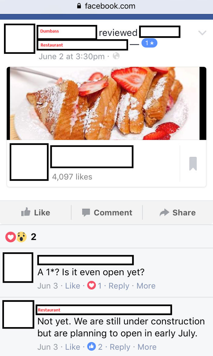 Guy Gives A 1 Star Rating To A Restaurant That Wasn't Even Open.