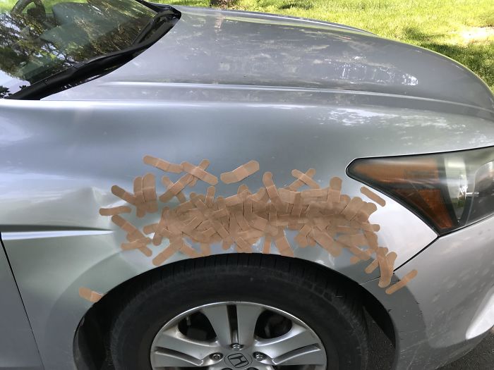 My 16-Year-Old Sister Said She Will Keep Adding Band-Aids To My Car Until I Get My Dent Fixed. Day 96