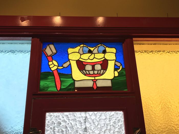 This Horrific Spongebob Stained Glass Panel At The Dentist